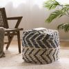 Freesia Boho Wool and Cotton Large Ottoman Pouf, White and Blue