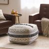 Kipling Large Contemporary Faux Yarn Pouf Ottoman, Ivory and Gray