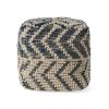 Freesia Boho Wool and Cotton Large Ottoman Pouf, White and Blue